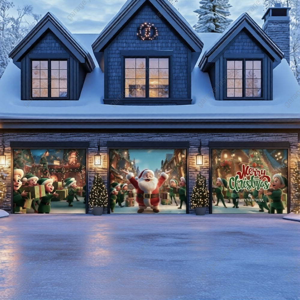 Santa And Elves | Christmas Garage Door Cover