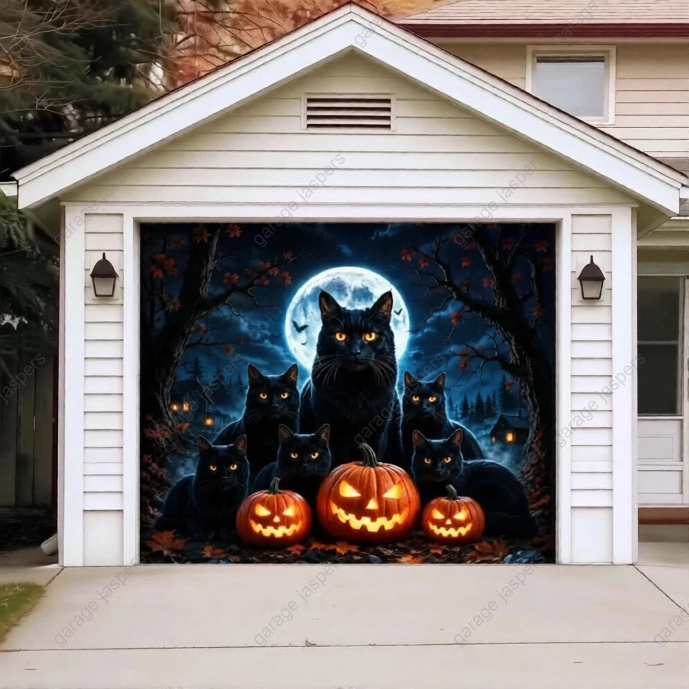 Witching Whiskers (Glow)| Black Cat Halloween Garage Door Cover