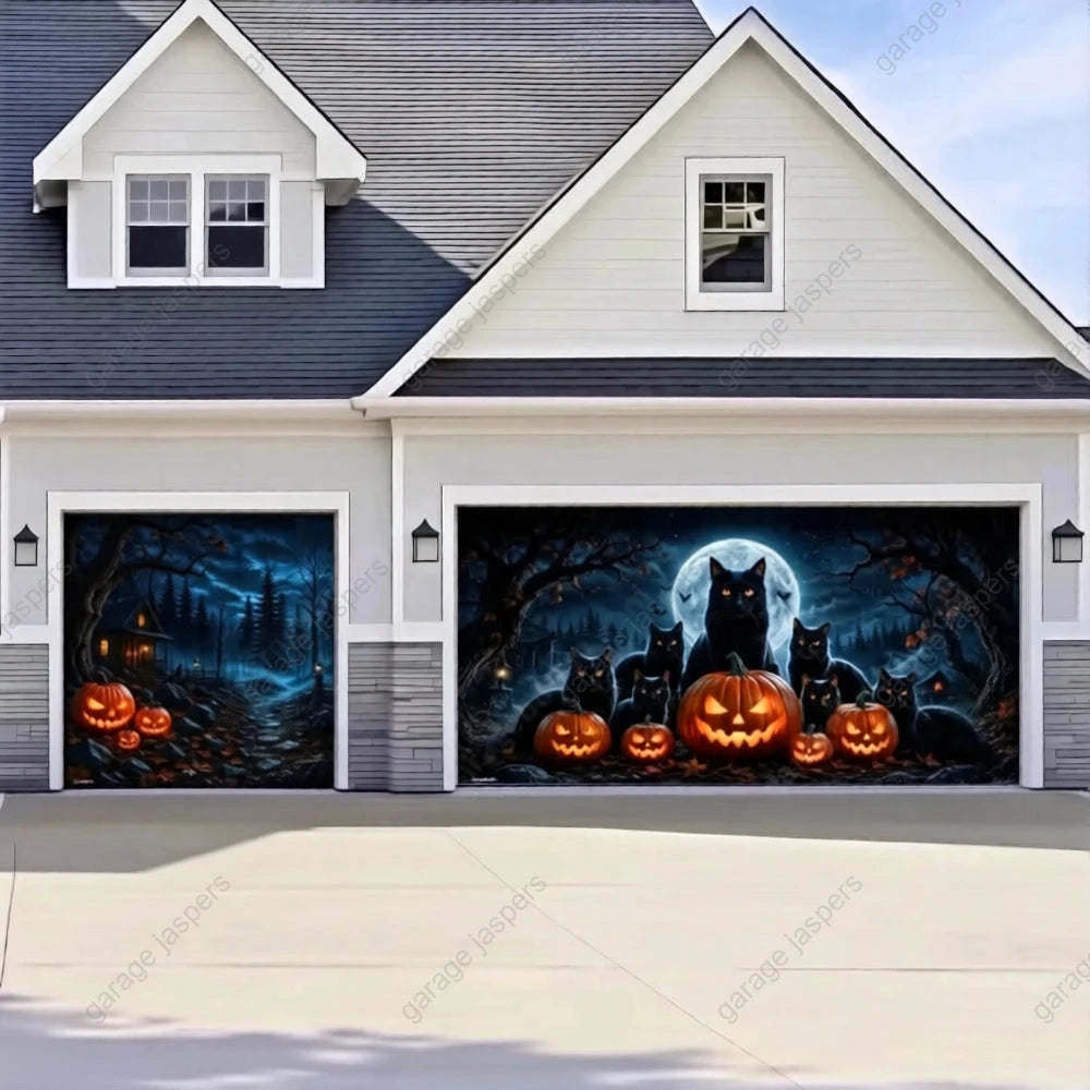 Witching Whiskers (Glow)| Black Cat Halloween Garage Door Cover