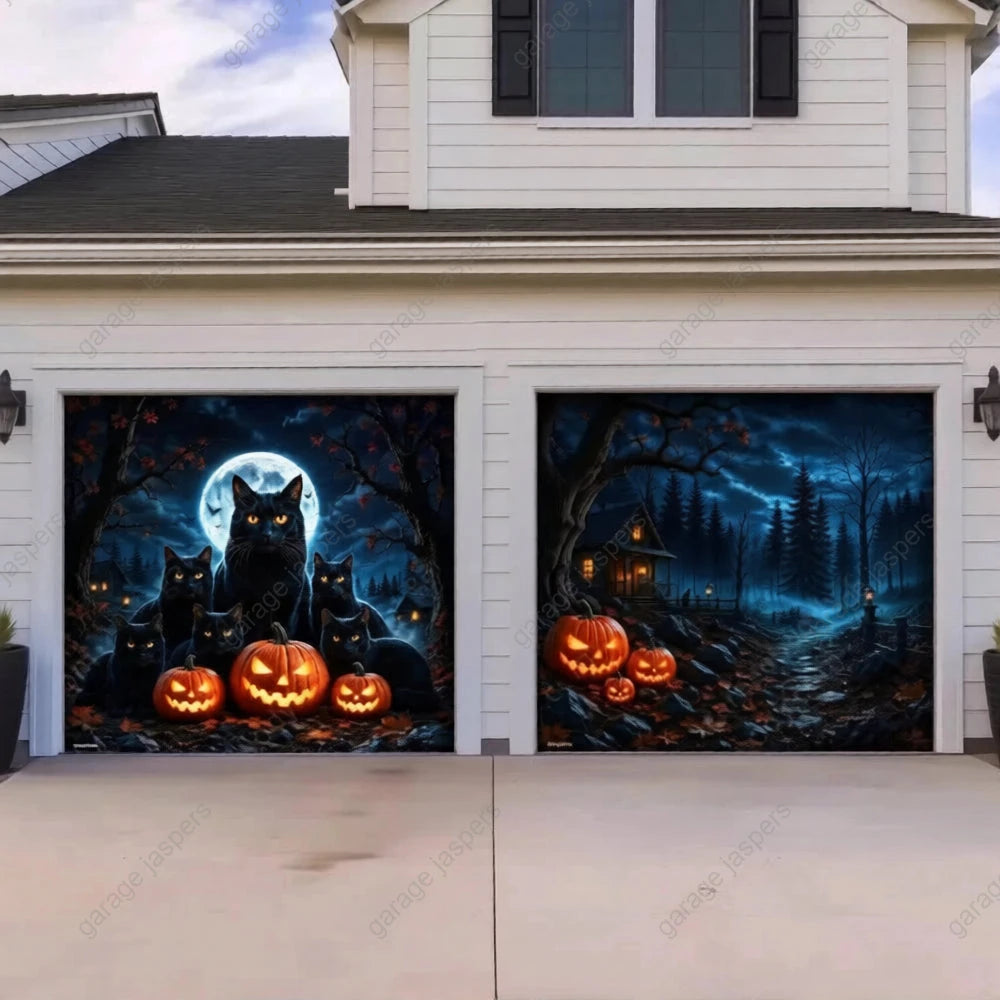 Witching Whiskers (Glow)| Black Cat Halloween Garage Door Cover