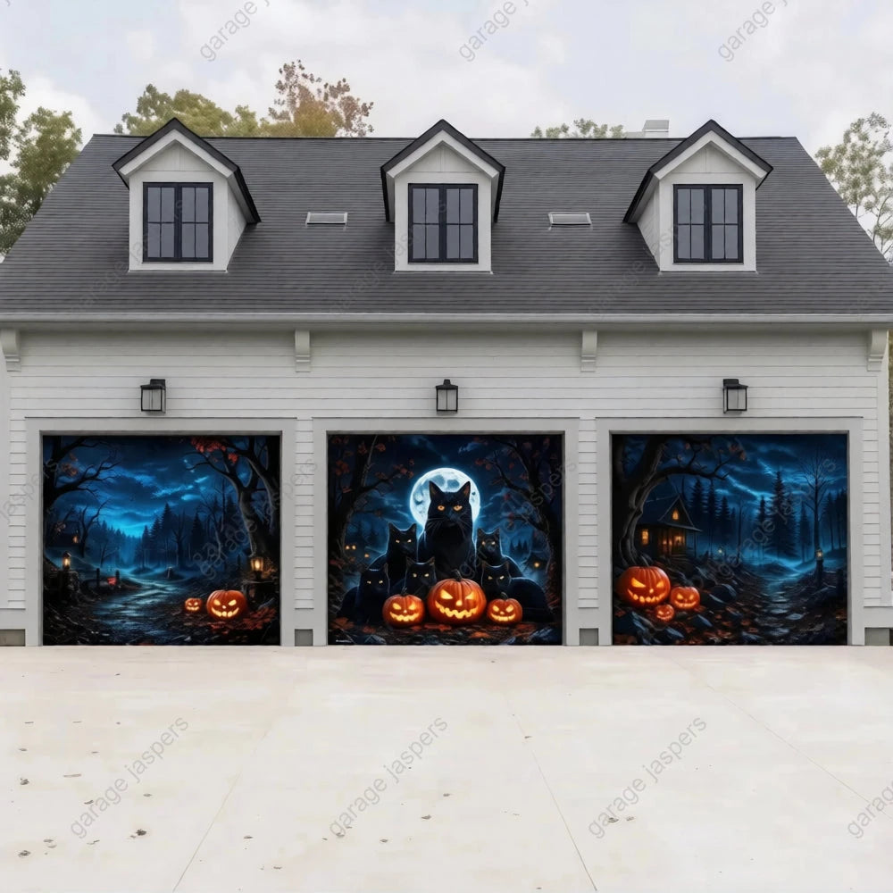 Witching Whiskers | Black Cat Halloween Garage Door Cover