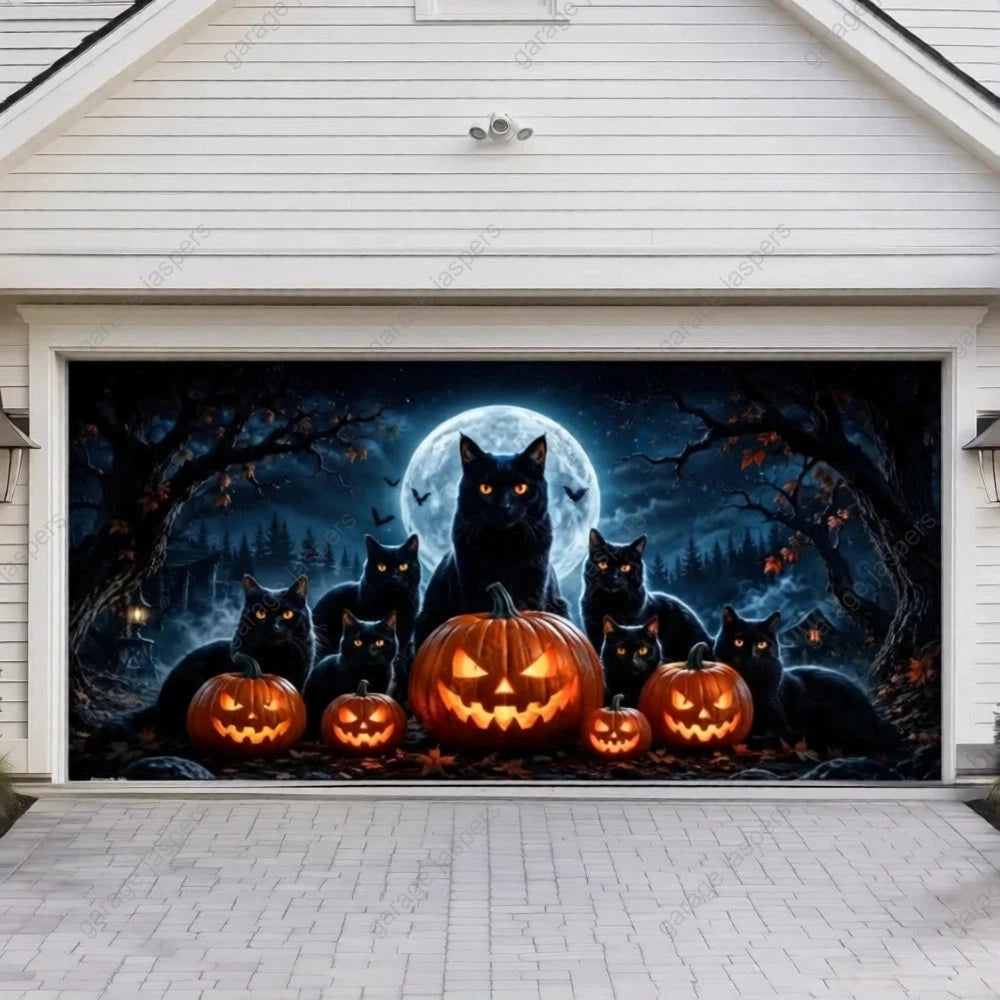 Witching Whiskers | Black Cat Halloween Garage Door Cover